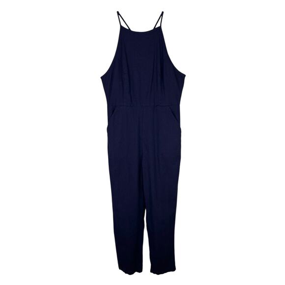 Urban Outfitters Hattie High Neck Linen Jumpsuit Navy 10 Pockets Stretch - Picture 4 of 16